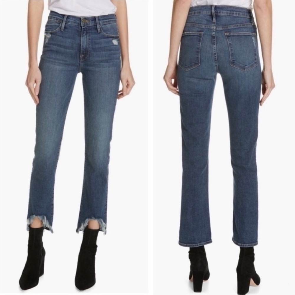 FRAME Denim Le High Straight Distressed Rue Chewed Hem Jeans - Picture 1 of 12